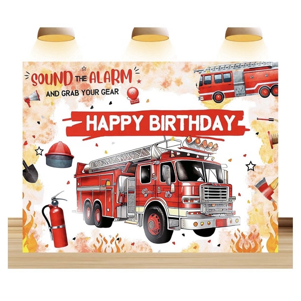 7x5ft Fabric Happy Birthday Backdroop Fire Truck Decoration Photo Studio Props